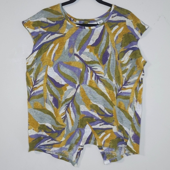 RACHEL ZOE 100% Linen Short Sleeve Multi Color Leaf Blouse, Button Back w/ Vent - Picture 2 of 15